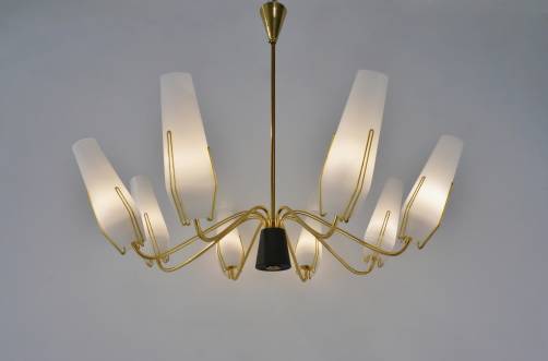 Stilnovo brass chandelier with opaline glass, 1950`s Italian